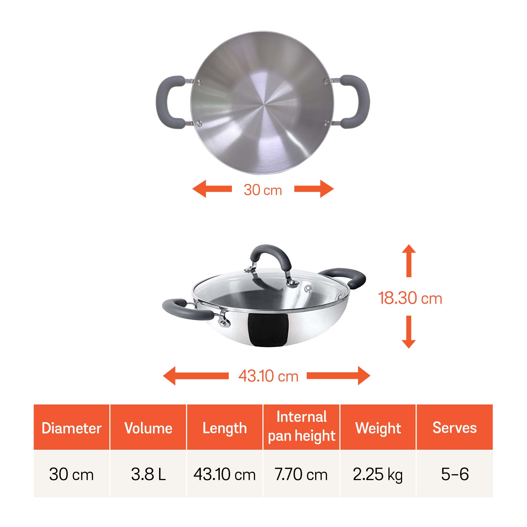 Meyer Trivantage Stainless Steel Triply Cookware Kadai / Wok with Lid, 30cm