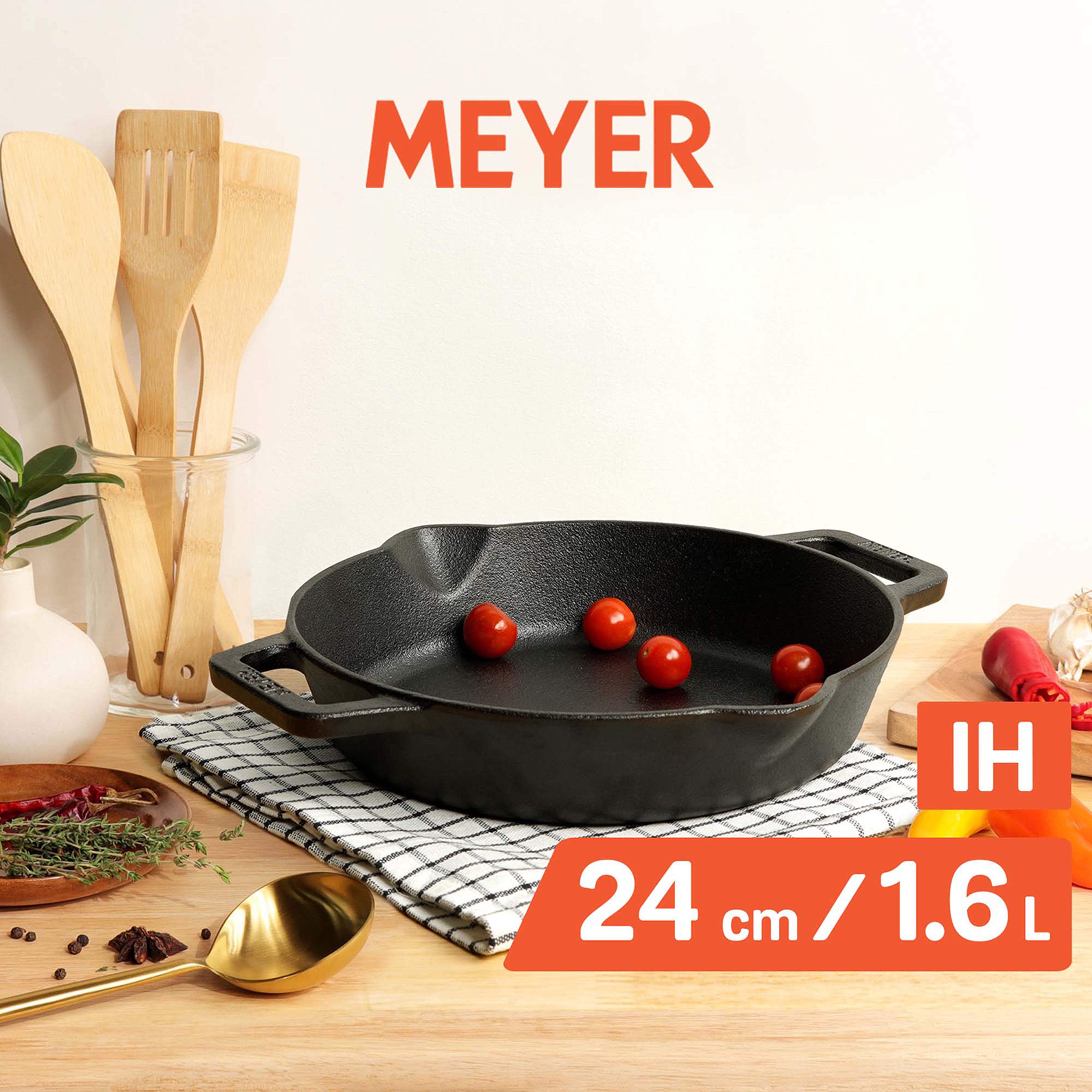 Meyer Pre-Seasoned Cast Iron double Handle skillet 24cm, Black