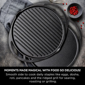 Meyer Pre-Seasoned 30cm Cast Iron 2-in-1 Grill & Griddle (Grillpan + Dosa Tawa)