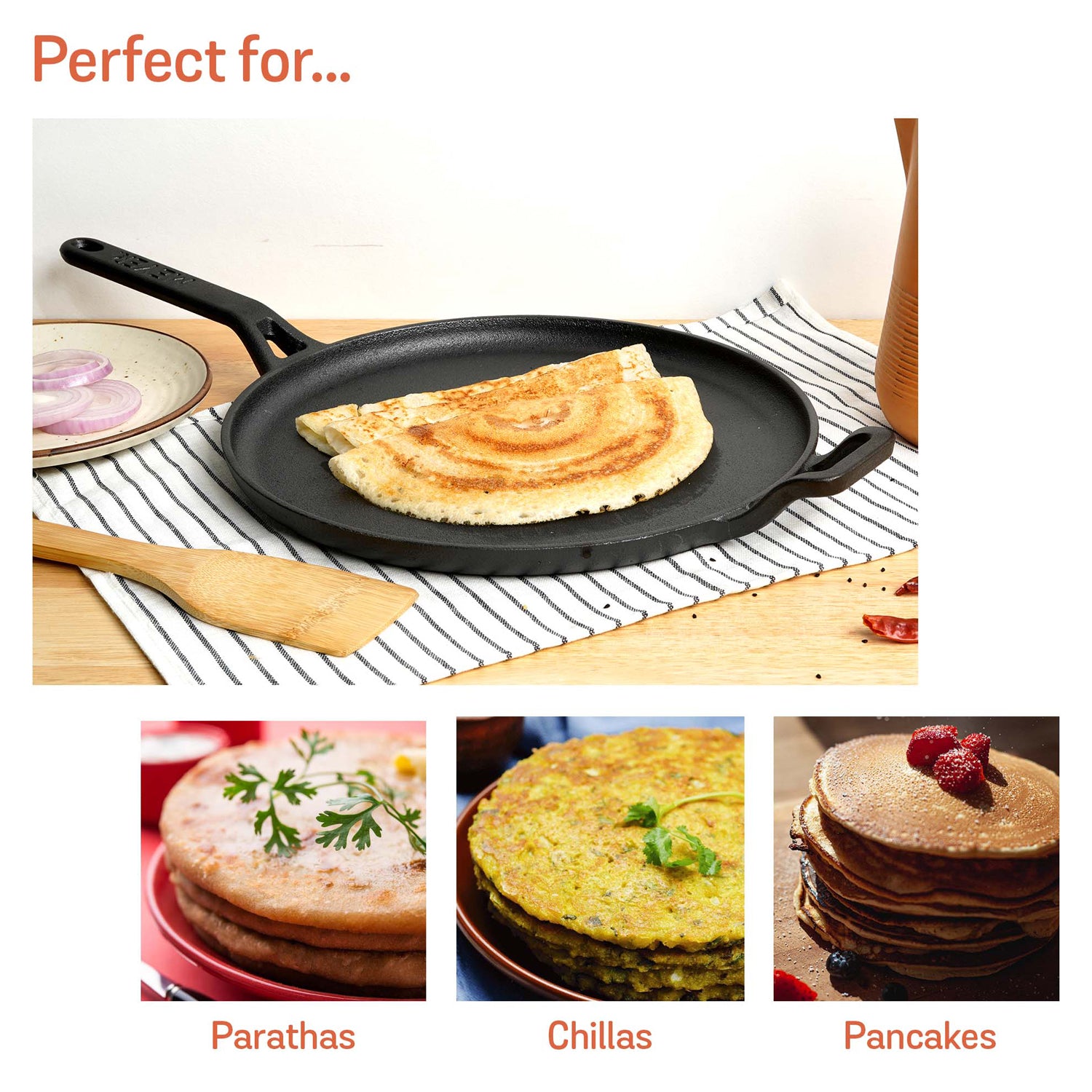 Meyer Pre-Seasoned Cast Iron Flat Dosa Tawa, 24 cm, Black