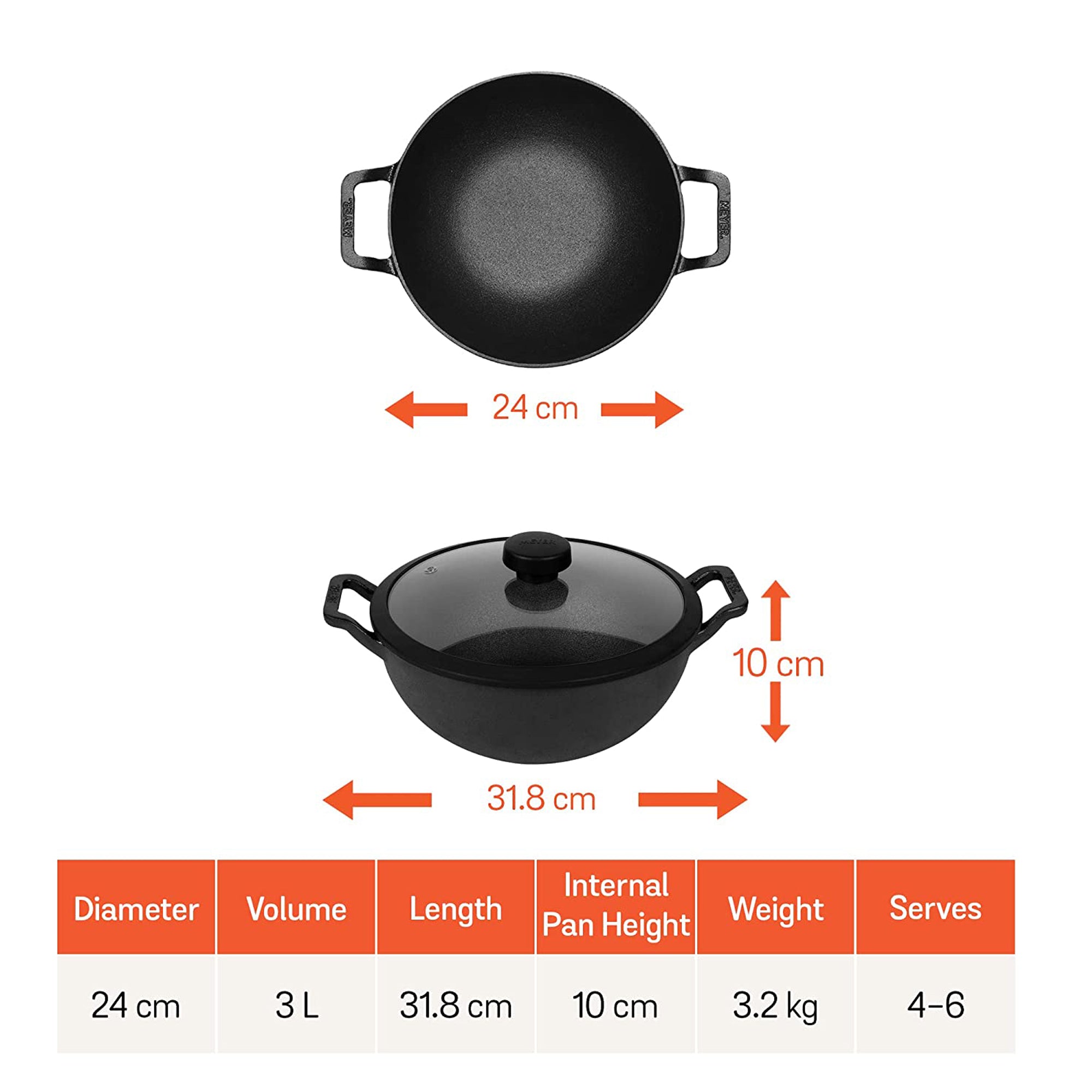 Meyer Pre Seasoned Cast Iron Deep Kadai/Wok with Glass Lid , 24cm