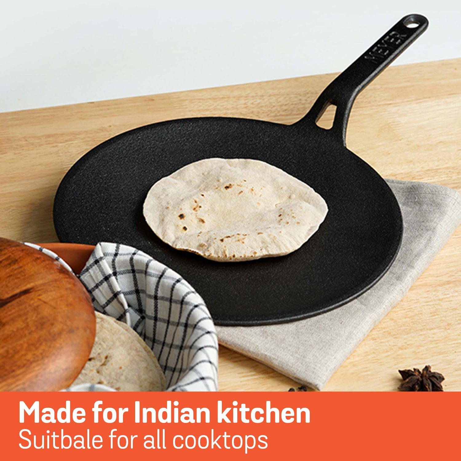 Meyer Pre-Seasoned Cast Iron Roti/Chapati Tawa 26cm, Black