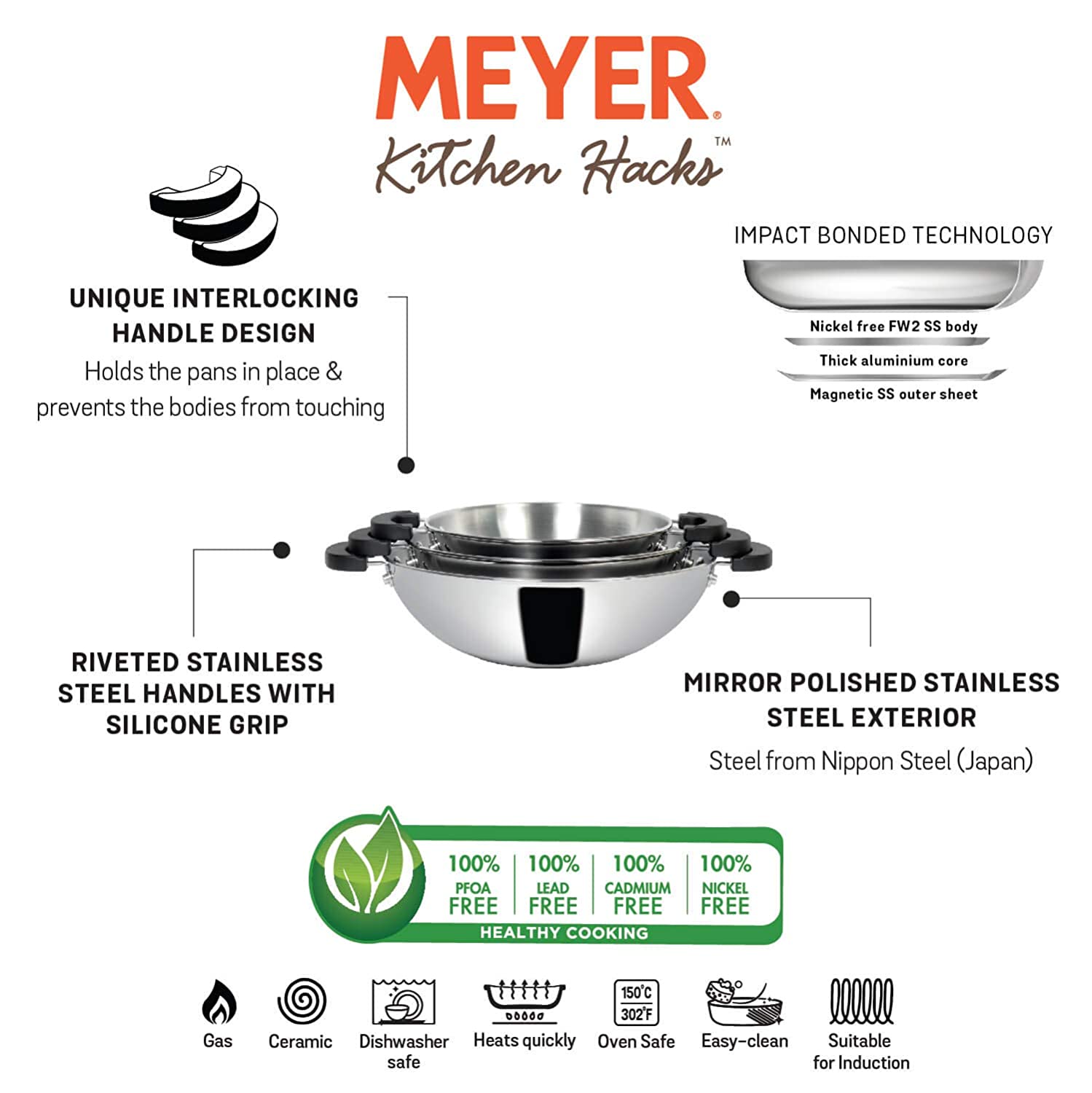 Meyer Kitchen Hacks Stainless Steel 3 Piece Open Kadai/Wok Set, (22 cm / 26 cm/ 30 cm)