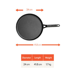 Meyer Pre-Seasoned Cast Iron Flat Dosa Tawa, 24 cm, Black