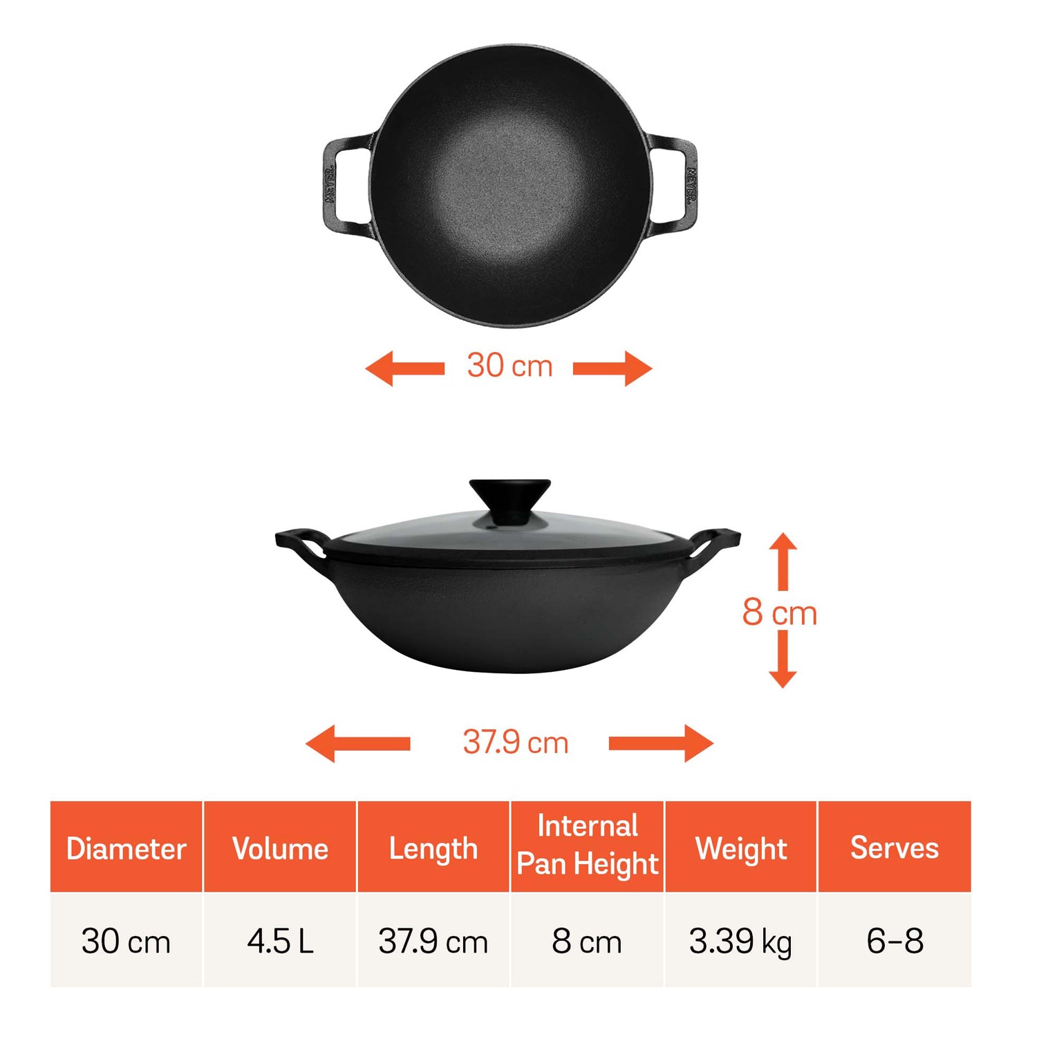 Meyer Pre Seasoned Cast Iron shallow Kadai With Glass Lid ,30cm