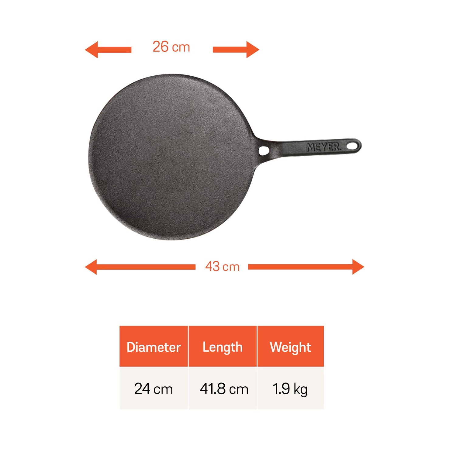 Meyer Pre-Seasoned Cast Iron Roti/Chapati Tawa 26cm, Black