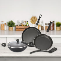 Meyer Non-Stick 5pcs Set (28cm Flat Dosa Tawa + 24cm Frypan + 24cm Kadai with Lid + Nylon Turner)