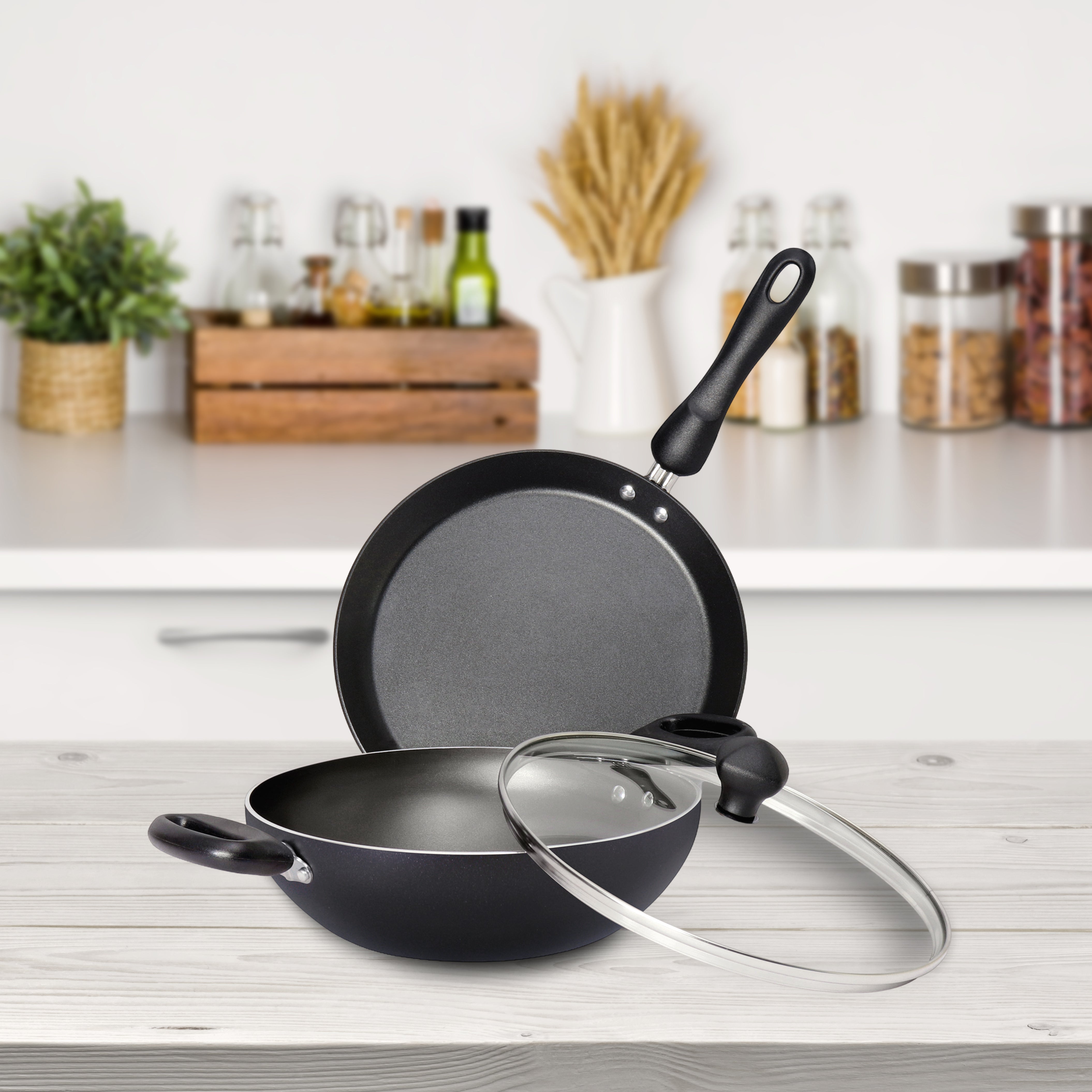 Meyer Non-Stick 3pcs Set (24cm Kadai with Lid + 24cm Flat Dosa Tawa)