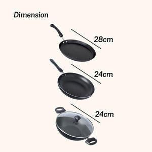 Meyer Non-Stick 5pcs Set (28cm Flat Dosa Tawa + 24cm Frypan + 24cm Kadai with Lid + Nylon Turner)