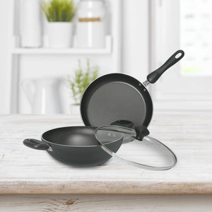 Meyer Non-Stick 3pcs Set, 24cm Frypan + 24cm Kadai with Interchangeable Lid