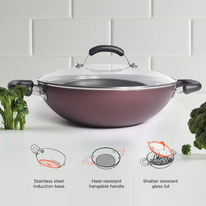 Meyer Merlot Non-Stick Kadai/Wok with Lid, 20cm