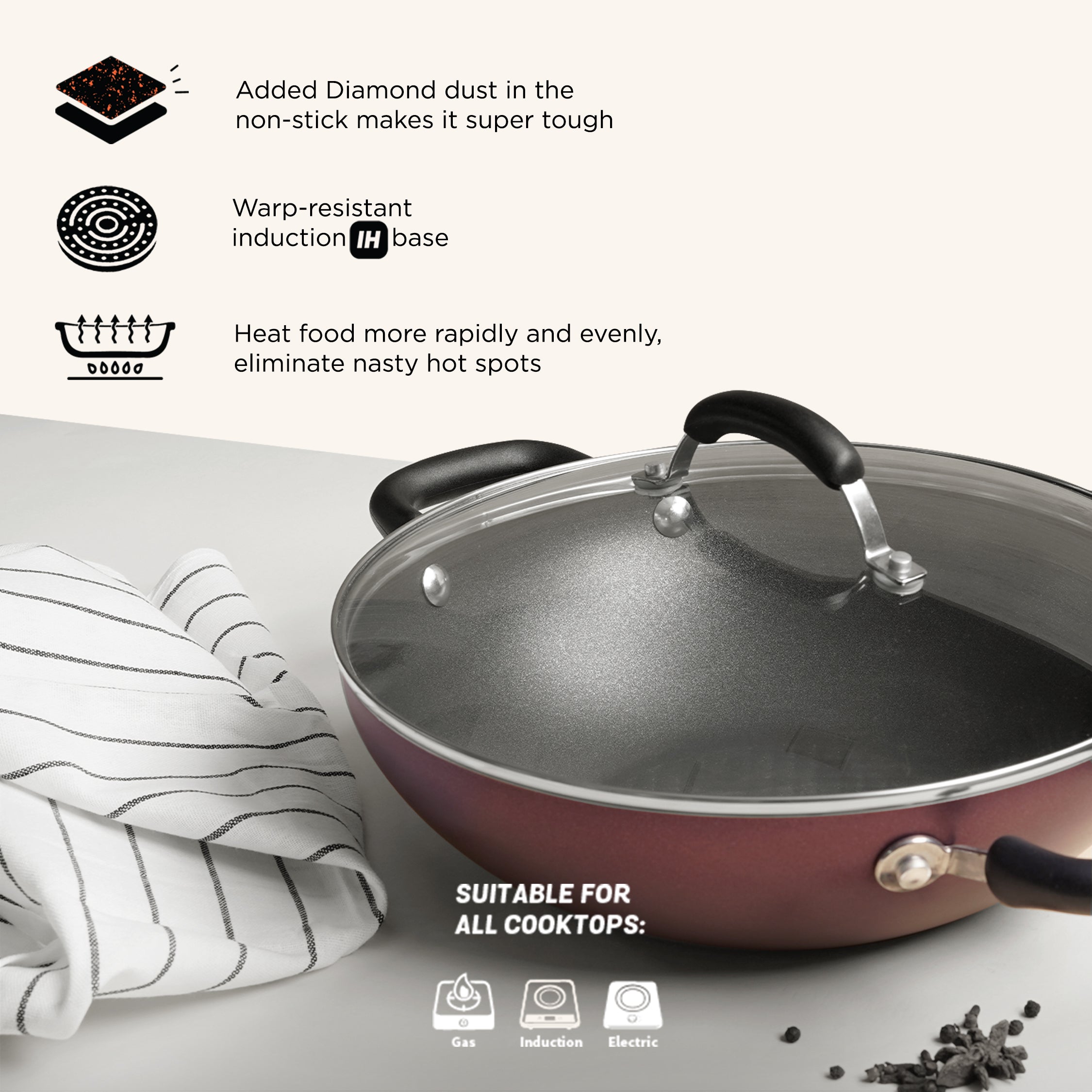 Meyer Merlot Non-Stick Kadai/Wok with Lid, 26cm