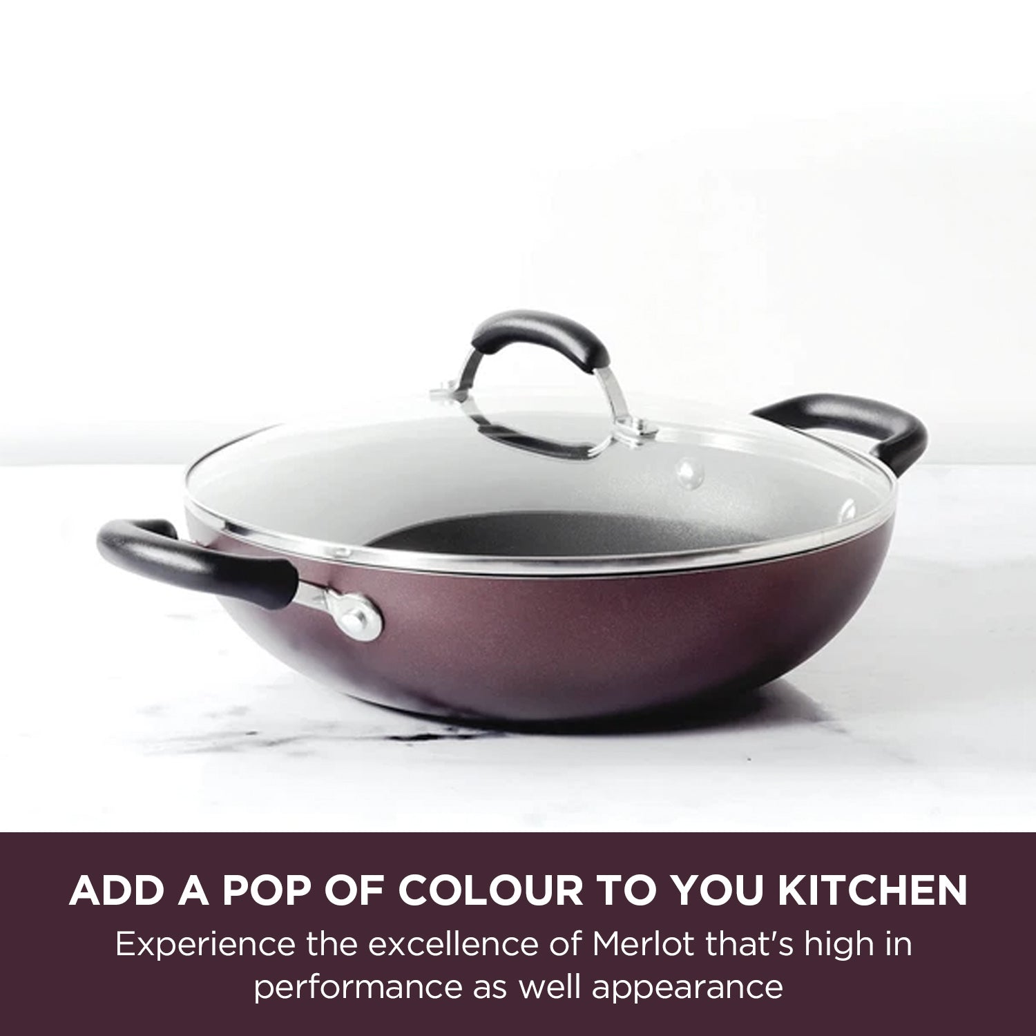 Meyer Merlot Non-Stick Kadai/Wok with Lid, 28cm