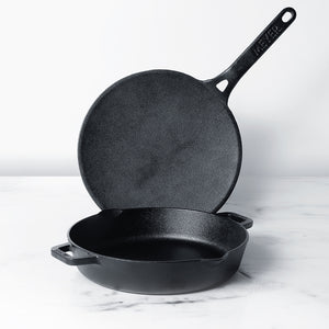 Meyer Pre Seasoned Cast Iron 2pcs Set (24cm Frypan/Skillet + 26cm Curved Roti Tawa) - Pots and Pans