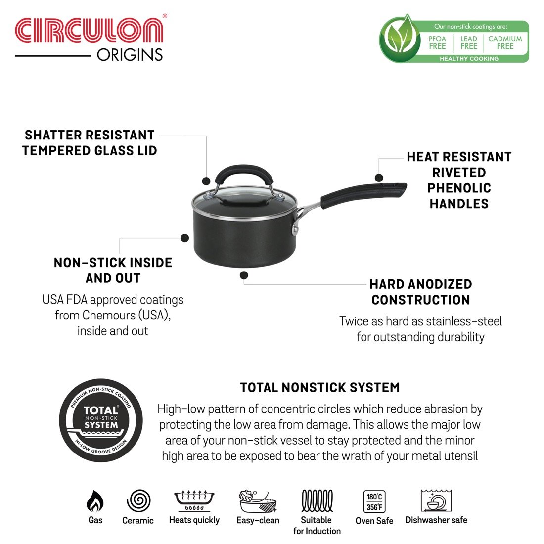 Circulon Origins 20cm Saucepan Non-Stick + Hard Anodized, Grey (Suitable For Gas & Induction) - Pots and Pans